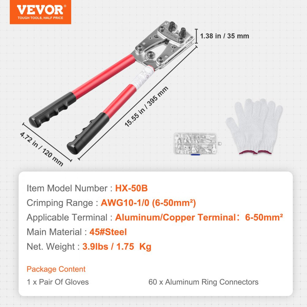 VEVOR Battery Cable Lug Crimping Tool, 10-1/0 AWG with Heavy Duty Wire Lugs, with 60PCS Aluminum Ring Connectors Terminals 6 Wire Sizes Crimping Die Aluminum Terminal Battery Lug Crimper