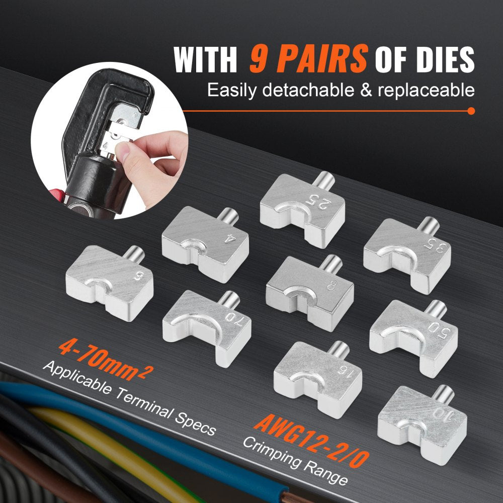 VEVOR Hydraulic Crimping Tool with 9 Sets of  Dies AWG12-2/0 Copper And Aluminum Terminal Battery Lug Crimper, with a Cutting Pliers, Gloves, 5pcs Copper Ring Connectors, 8pcs Heat Shrink Sleeves