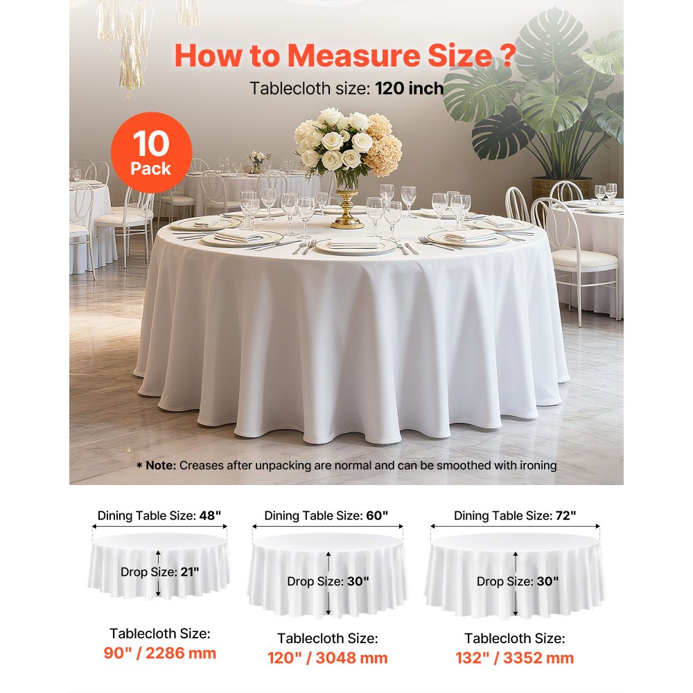 VEVOR White Round Tablecloths 10 Pack, 120 Inches in Diameter, Stain- & Wrinkle- Resistant, Machine Washable Table Clothes, Polyester Fabric Table Covers for Wedding, Party, Banquet, Formal Events