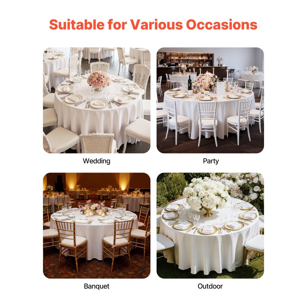 VEVOR White Round Tablecloths 10 Pack, 132 Inches in Diameter, Stain- & Wrinkle- Resistant, Machine Washable Table Clothes, Polyester Fabric Table Covers for Wedding, Party, Banquet, Formal Events
