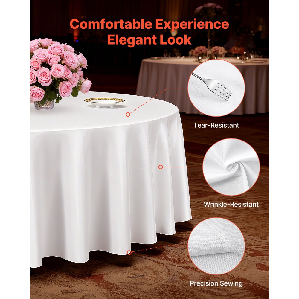 VEVOR White Round Tablecloths 6 Pack, 132 Inches in Diameter, Stain- & Wrinkle- Resistant, Machine Washable Table Clothes, Polyester Fabric Table Covers for Wedding, Party, Banquet, Formal Events