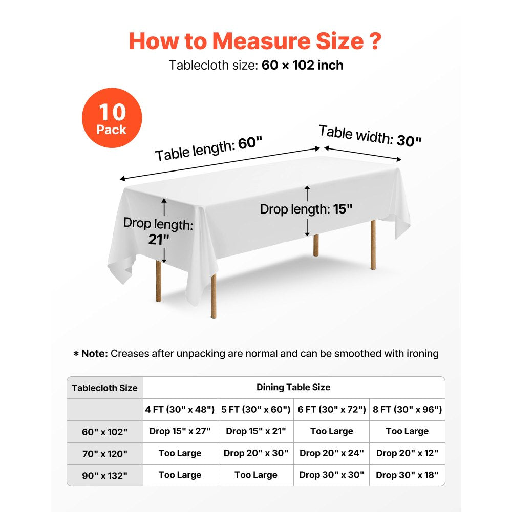 VEVOR White Tablecloths for Rectangle Tables, 10 Pack, 60 x 102 Inches, Reusable and Machine Washable Table Clothes, Wrinkle-Resistant Polyester Fabric Table Covers for Wedding, Party, Banquet