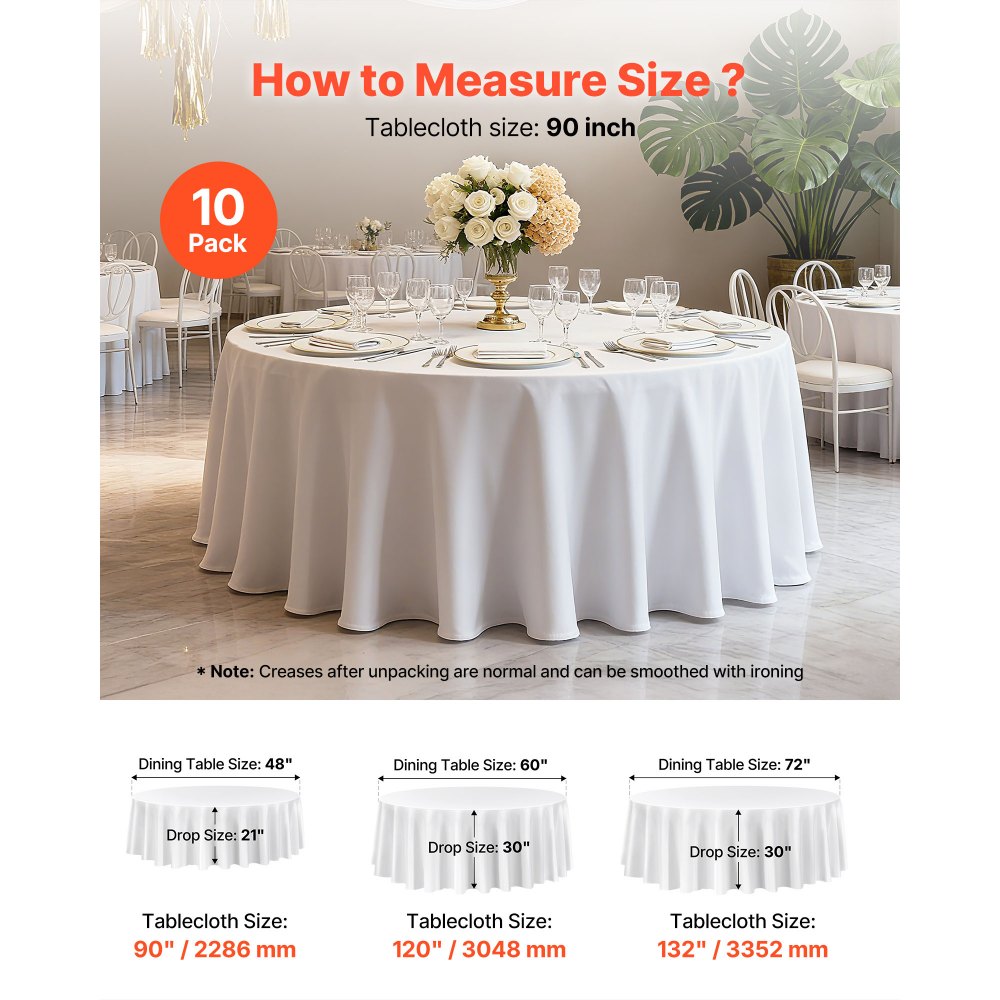 VEVOR White Round Tablecloths 10 Pack, 90 Inches in Diameter, Stain- & Wrinkle- Resistant, Machine Washable Table Clothes, Polyester Fabric Table Covers for Wedding, Party, Banquet, Formal Events