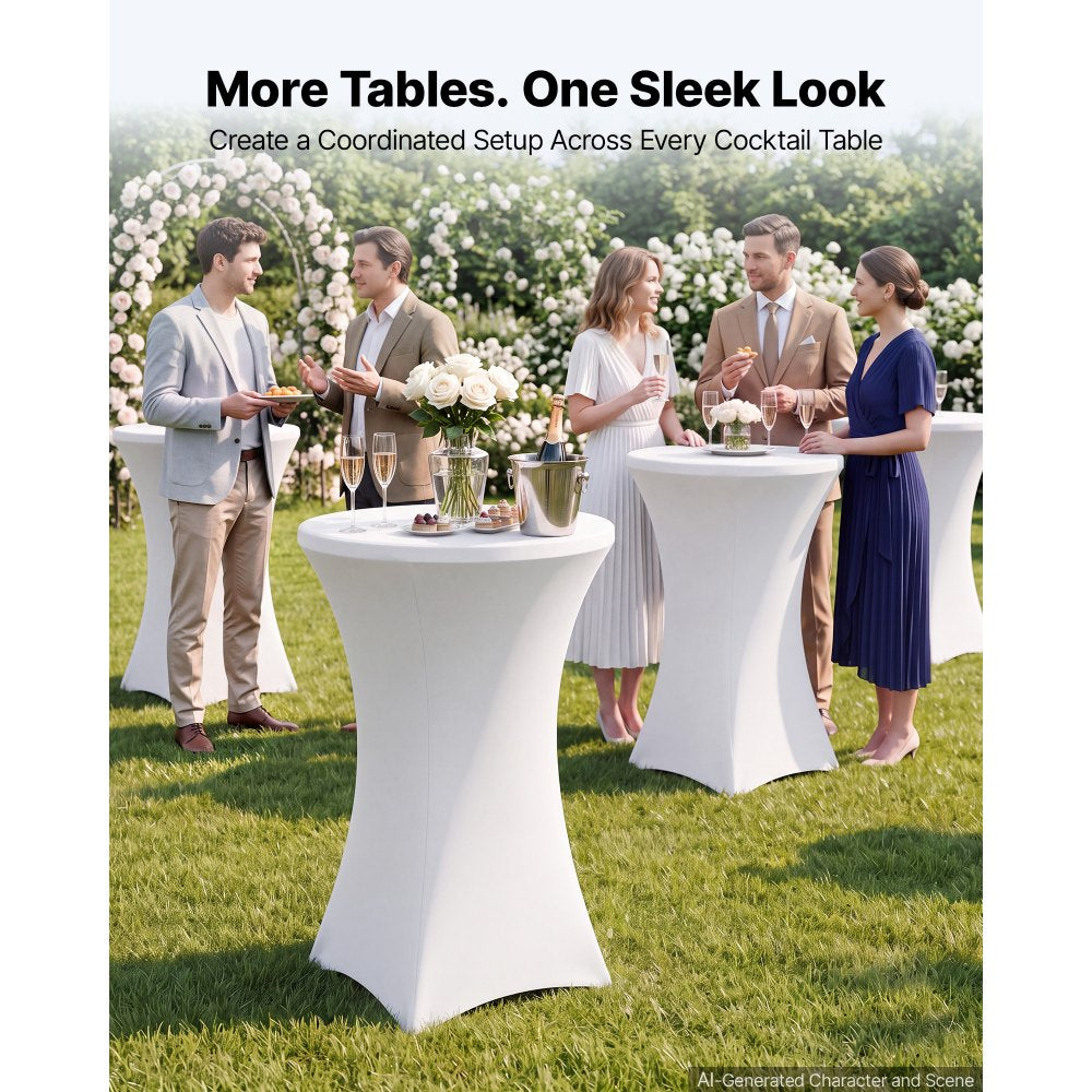VEVOR Cocktail Tablecloth, 32 x 43 in, 6 Pack, White Stretch Spandex Covers, for Party Wedding Cocktail Banquet Festival, Washable, Reusable, High Top, Tight, Fitted Table Cloth with 4 Foot Pockets