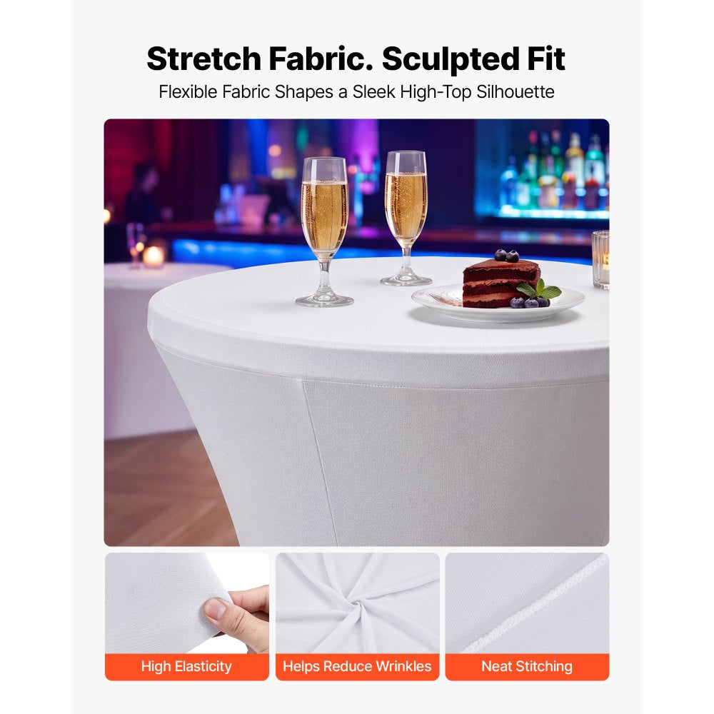 VEVOR Cocktail Tablecloth, 32 x 43 in, 6 Pack, White Stretch Spandex Covers, for Party Wedding Cocktail Banquet Festival, Washable, Reusable, High Top, Tight, Fitted Table Cloth with 4 Foot Pockets