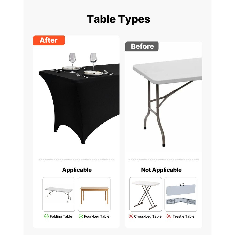 VEVOR 10 Pack Table Cloth for 6FT Rectangular Fitted Events, Wrinkle-Resistant Stretch Black Table Covers, Washable Spandex Tablecloth Protector, for Party, Wedding, Cocktail, Banquet, Festival