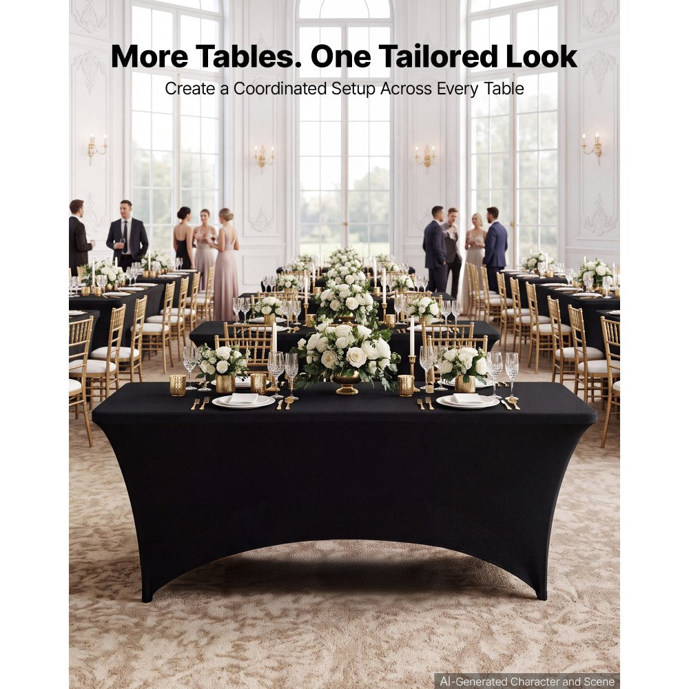 VEVOR Rectangular Spandex Tablecloths, 6 ft 12 Pack, Black Polyester Covers, for Party Wedding Banquet Festival, Tight, Fitted Table Cloth, Washable, Reusable, Wrinkle Resistant Table Cover