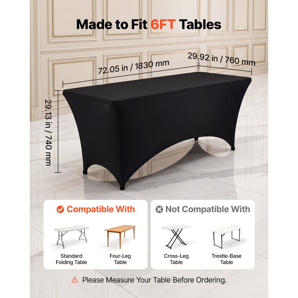 VEVOR Rectangular Spandex Tablecloths, 6 ft 12 Pack, Black Polyester Covers, for Party Wedding Banquet Festival, Tight, Fitted Table Cloth, Washable, Reusable, Wrinkle Resistant Table Cover