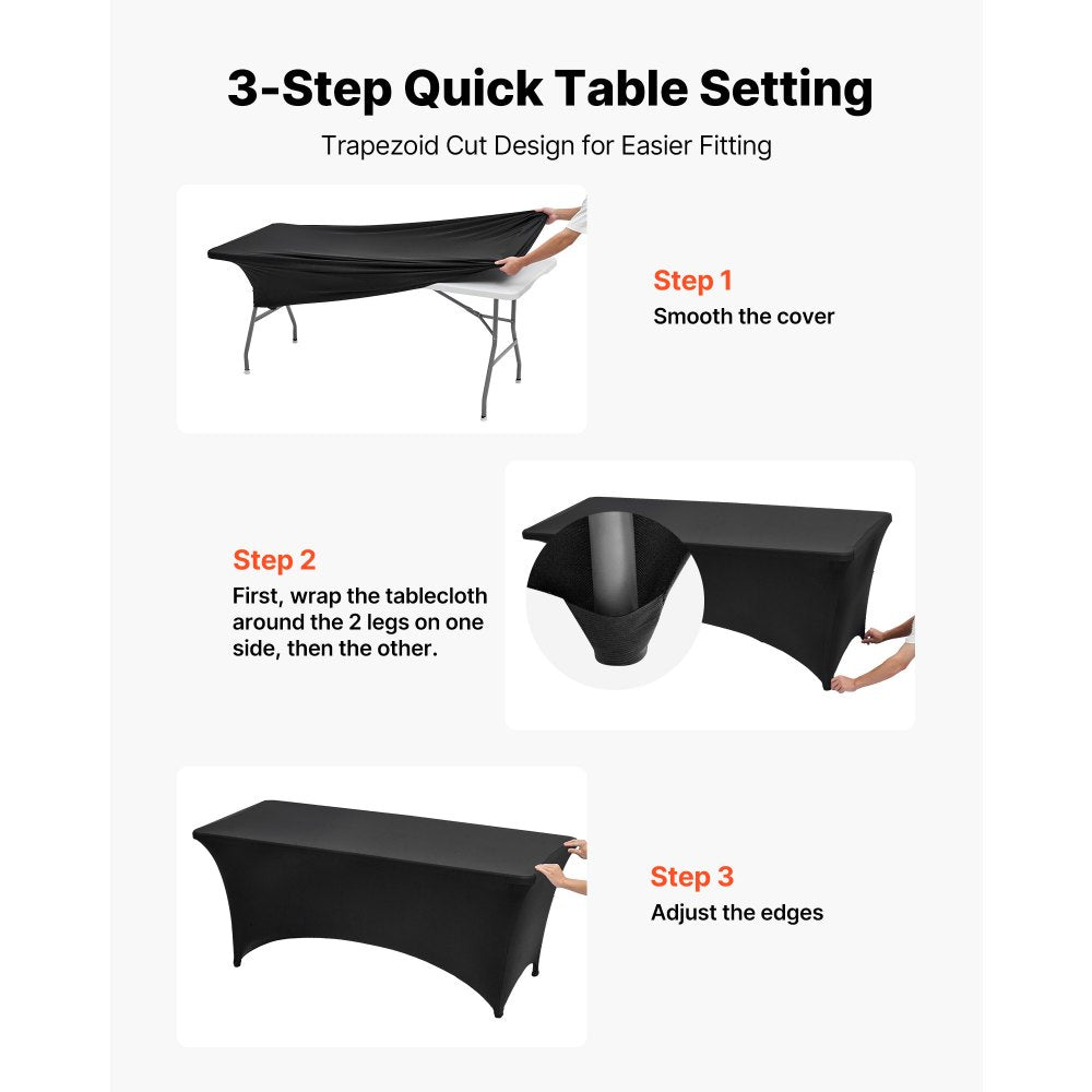 VEVOR 3 Pack Table Cloth for 6FT Rectangular Fitted Events, Wrinkle-Resistant Stretch Black Table Covers, Washable Spandex Tablecloth Protector, for Party, Wedding, Cocktail, Banquet, Festival