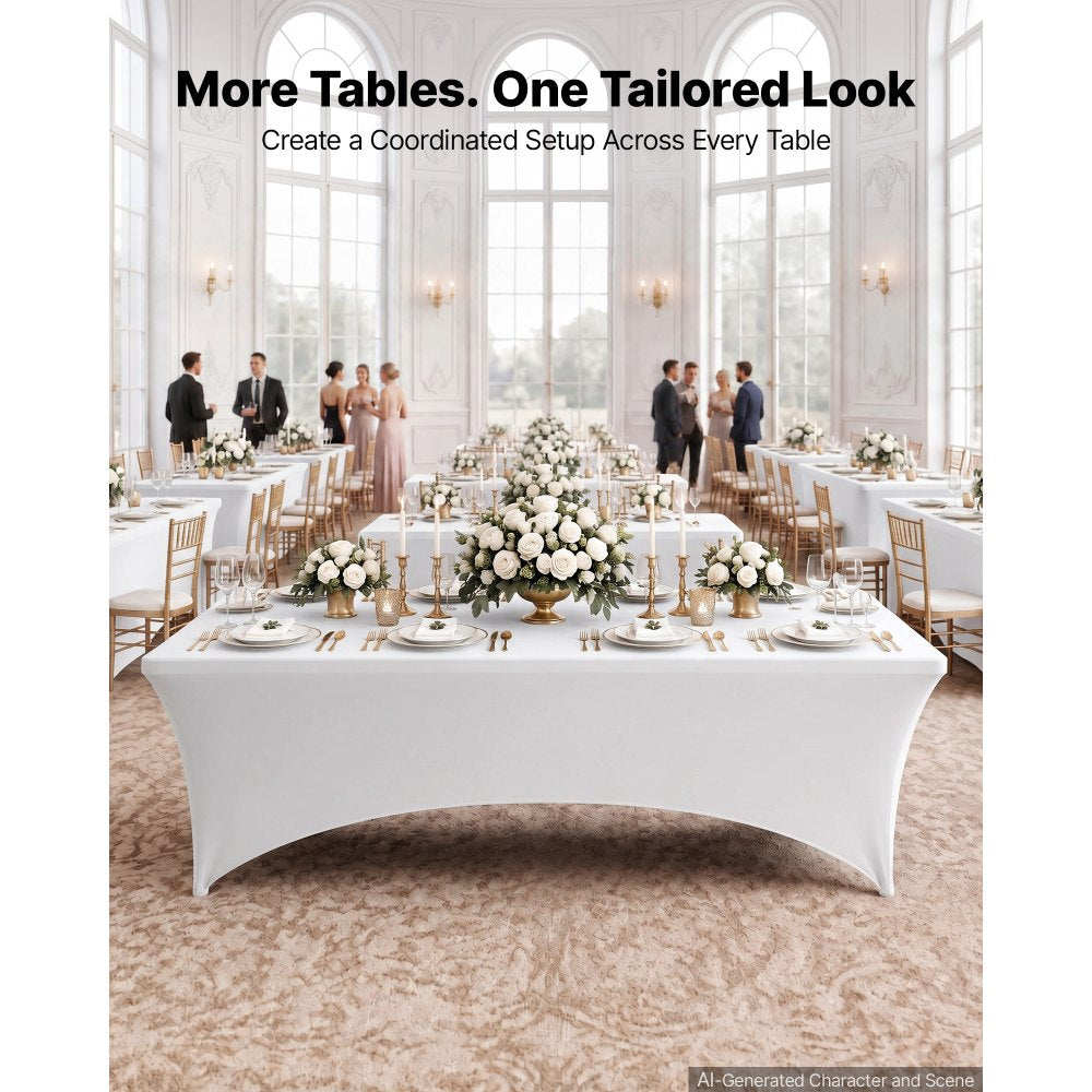 VEVOR Rectangular Spandex Tablecloths, 8 ft 10 Pack, White Polyester Covers, for Party Wedding Banquet Festival, Tight, Fitted Table Cloth, Washable, Reusable, Wrinkle Resistant Table Cover