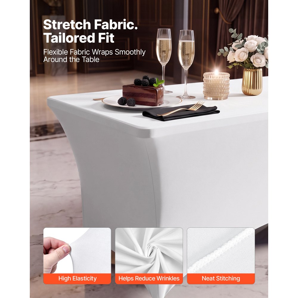 VEVOR Rectangular Spandex Tablecloths, 8 ft 10 Pack, White Polyester Covers, for Party Wedding Banquet Festival, Tight, Fitted Table Cloth, Washable, Reusable, Wrinkle Resistant Table Cover