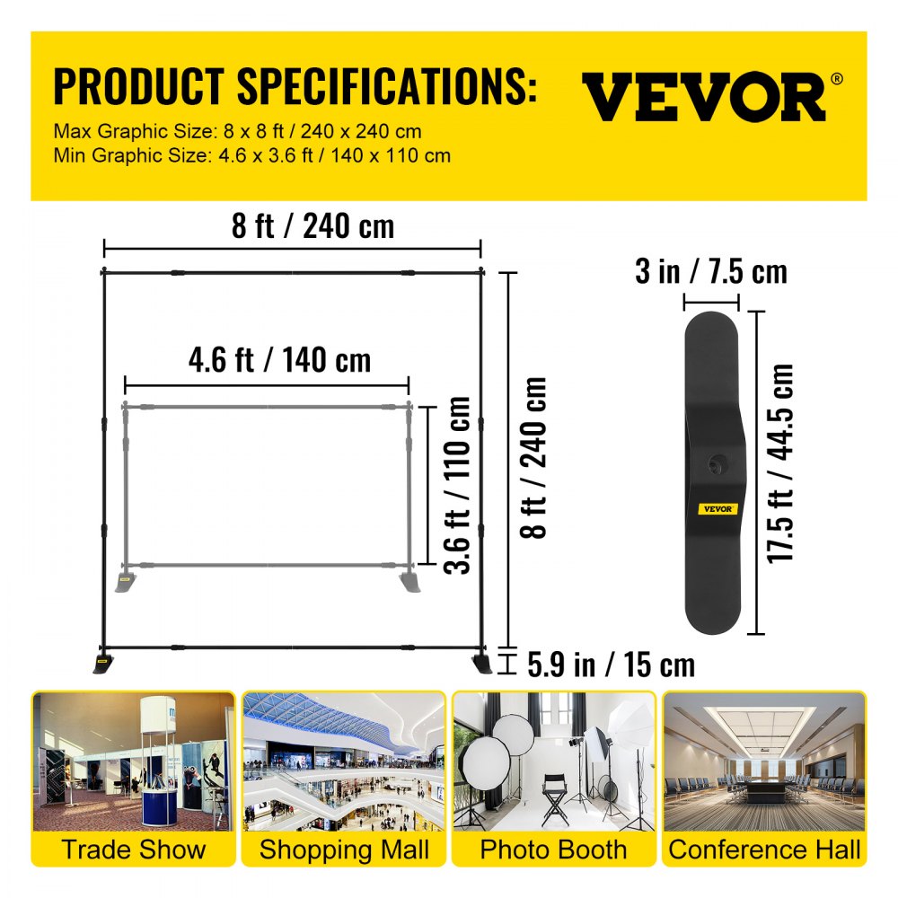 VEVOR Backdrop Banner Stand 8 x 8 Ft Adjustable Heavy Duty Background Stand with 1 Carrying Bag, Backdrop Stand for Parties Wedding Photo Booth Trade Show