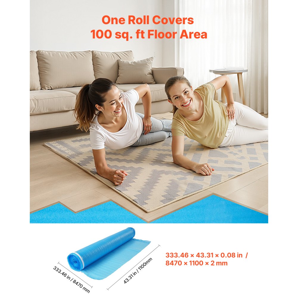 VEVOR Floor Underlayment 600 sq. ft, 3-in-1 2 mm Thick Flooring Padding with Tape & Vapor Barrier, Heavy Duty EPE Foam Soundproofing & Noise Reduction, for Laminate Wood (6 Rolls x 100 sq. ft)