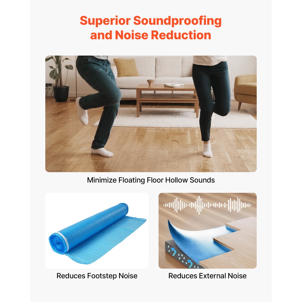 VEVOR Floor Underlayment 600 sq. ft, 3-in-1 2 mm Thick Flooring Padding with Tape & Vapor Barrier, Heavy Duty EPE Foam Soundproofing & Noise Reduction, for Laminate Wood (6 Rolls x 100 sq. ft)