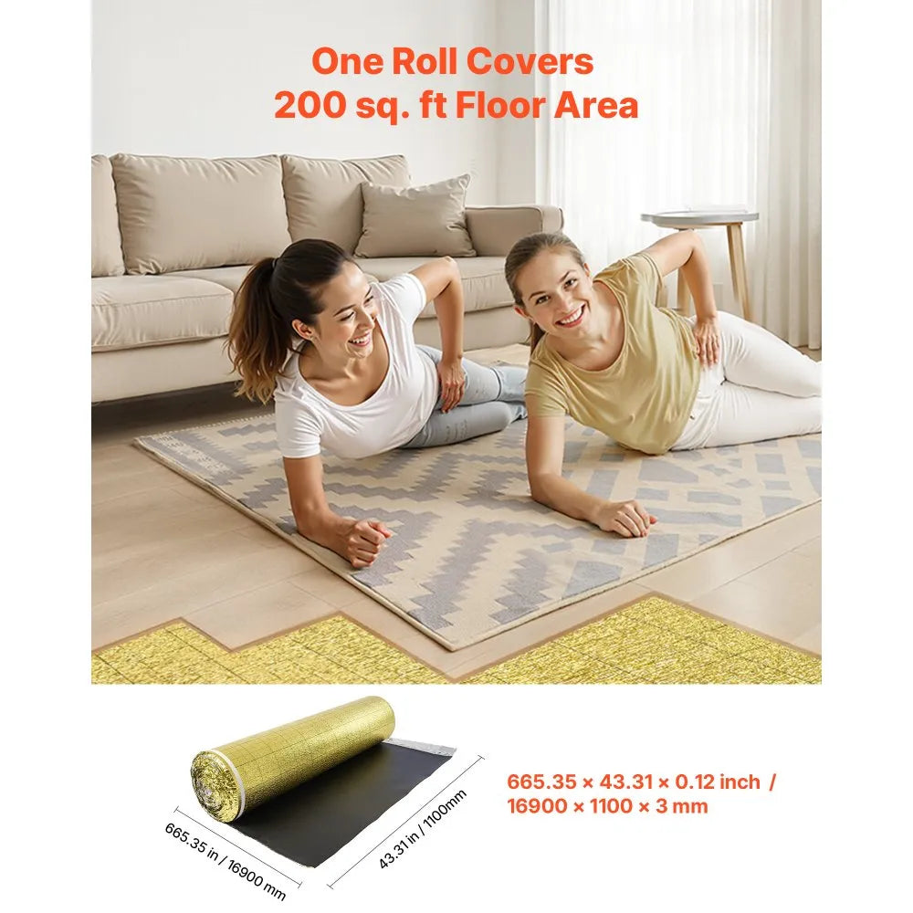 VEVOR Floor Underlayment 200 sq. ft/Roll, 3-in-1 3 mm Thick Flooring Padding with Tape & Vapor Barrier, Heavy Duty EPE Foam with Gold PE, Soundproofing and Noise Reduction, for Laminate Wood Floors