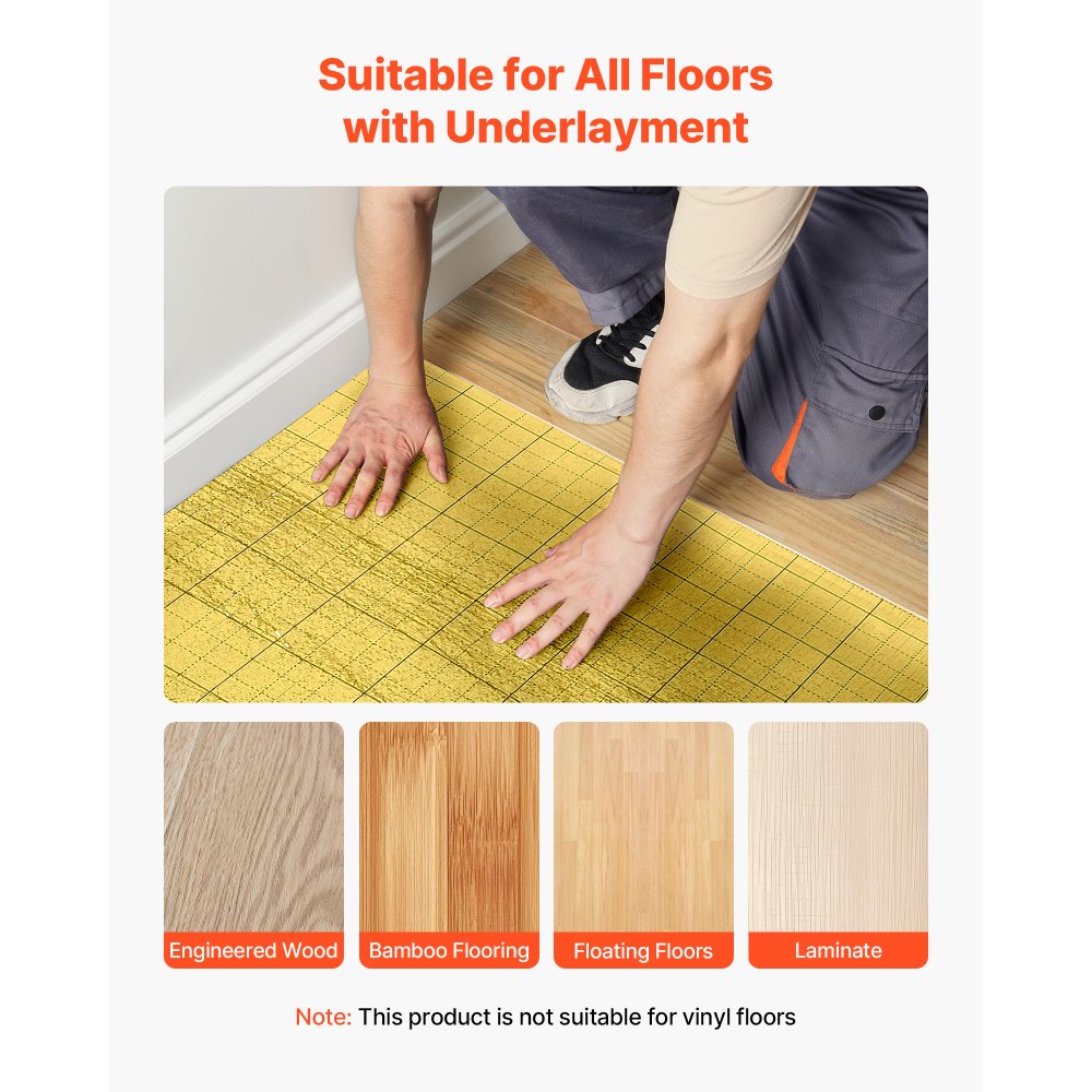 VEVOR Floor Underlayment 200 sq. ft/Roll, 3-in-1 3 mm Thick Flooring Padding with Tape & Vapor Barrier, Heavy Duty EPE Foam with Gold PE, Soundproofing and Noise Reduction, for Laminate Wood Floors