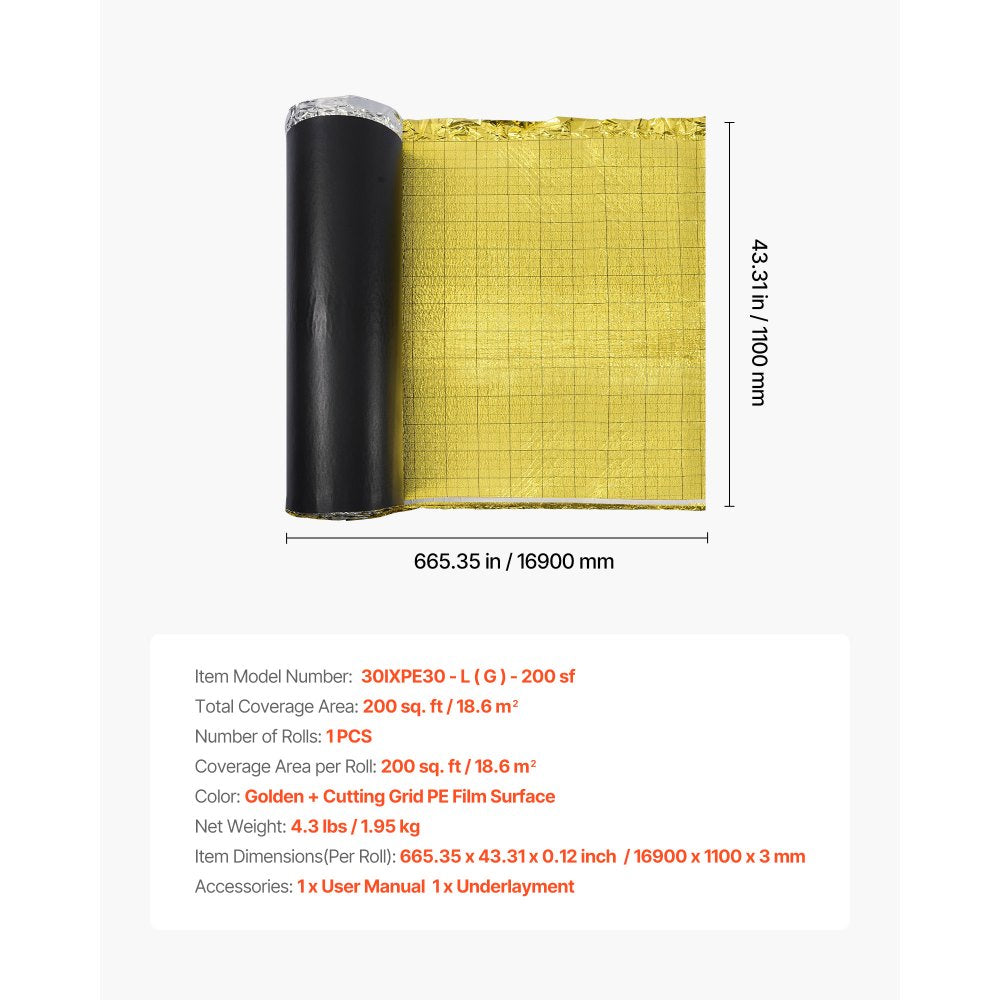 VEVOR Floor Underlayment 200 sq. ft/Roll, 3-in-1 3 mm Thick Flooring Padding with Tape & Vapor Barrier, Heavy Duty EPE Foam with Gold PE, Soundproofing and Noise Reduction, for Laminate Wood Floors