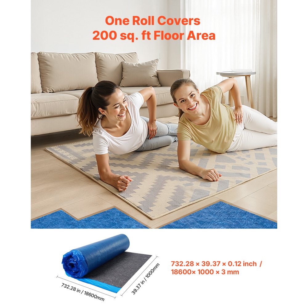 VEVOR Floor Underlayment 200 sq. ft/Roll, 3 mm Thick Laminate Flooring Padding with Attached Vapor Barrier, Heavy Duty Fiber + PE Film, Soundproofing & Noise Reduction, Ideal for Laminate Wood Floors