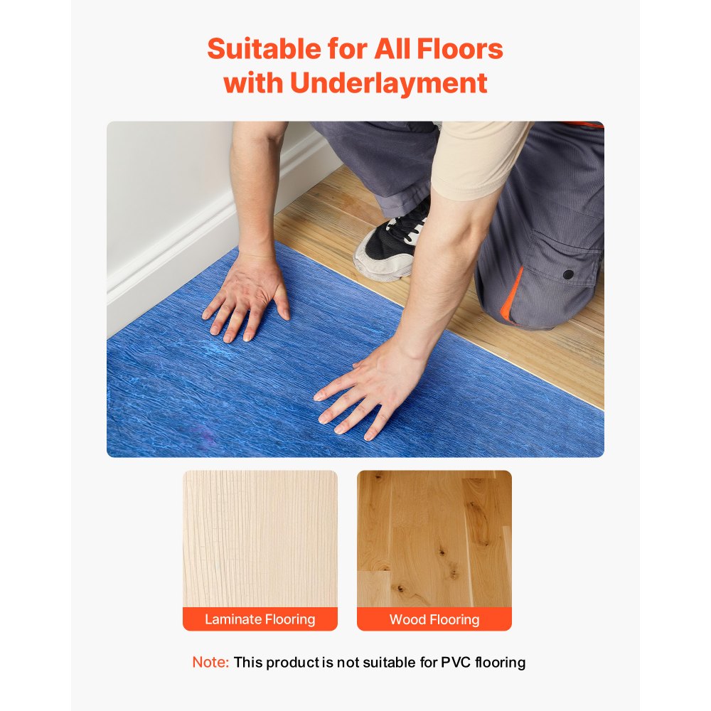 VEVOR Floor Underlayment 200 sq. ft/Roll, 3 mm Thick Laminate Flooring Padding with Attached Vapor Barrier, Heavy Duty Fiber + PE Film, Soundproofing & Noise Reduction, Ideal for Laminate Wood Floors