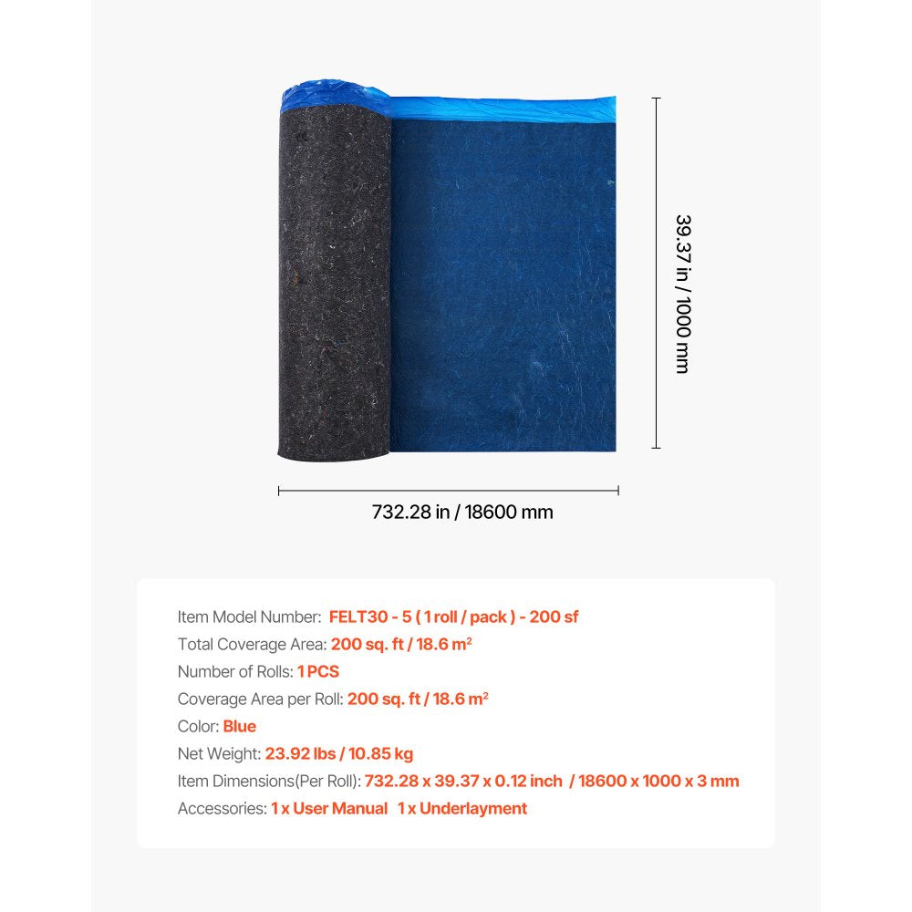 VEVOR Floor Underlayment 200 sq. ft/Roll, 3 mm Thick Laminate Flooring Padding with Attached Vapor Barrier, Heavy Duty Fiber + PE Film, Soundproofing & Noise Reduction, Ideal for Laminate Wood Floors