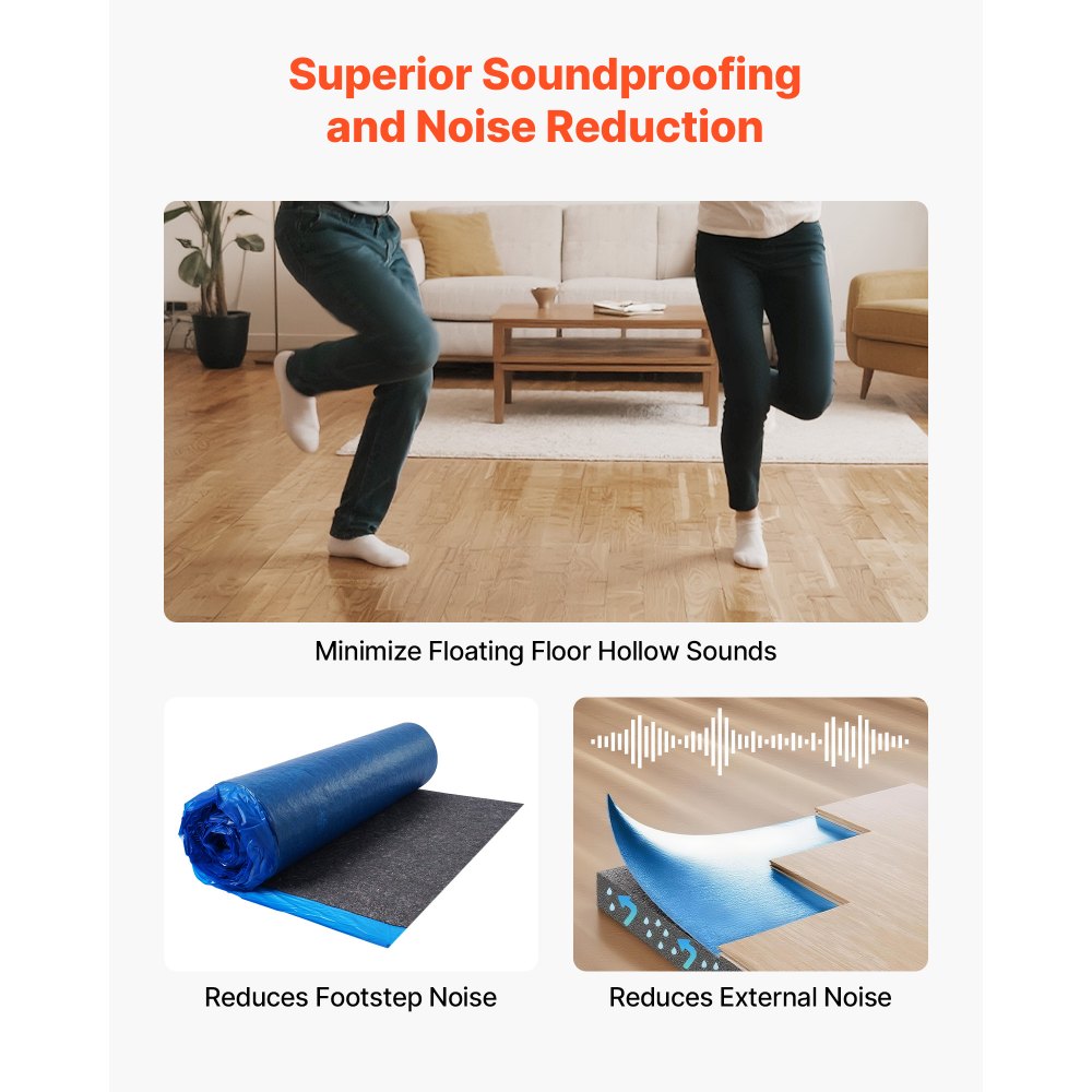 VEVOR Floor Underlayment 400 sq. ft, 3mm Laminate Flooring Padding with Attached Vapor Barrier, Heavy Duty Fiber+PE Film, Soundproofing & Noise Reduction for Vinyl & Wood(2 Rolls x 200 sq. ft)