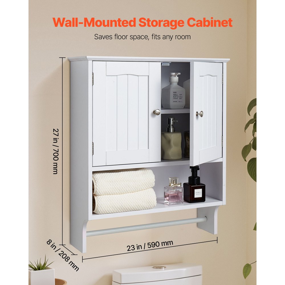 VEVOR Bathroom Wall Cabinet, 2 Doors and Adjustable Shelf, Over the Toilet Storage Medicine Cabinet Wall Mounted, Hanging Organizer with Open Partition and Towel Bar for Laundry Room Kitchen, White