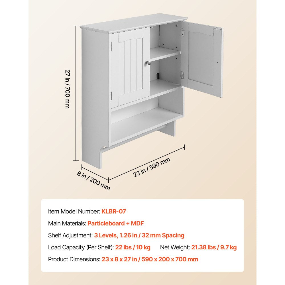 VEVOR Bathroom Wall Cabinet, 2 Doors and Adjustable Shelf, Over the Toilet Storage Medicine Cabinet Wall Mounted, Hanging Organizer with Open Partition and Towel Bar for Laundry Room Kitchen, White