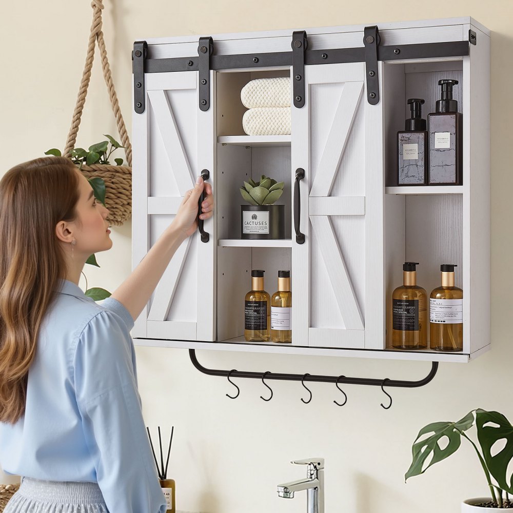 VEVOR Bathroom Wall Cabinet, 2 Doors and Adjustable Shelf, Over the Toilet Storage Medicine Cabinet Wall Mounted, Hanging Organizer with Open Partition/Towel Bar/Hooks for Laundry Room Kitchen, White