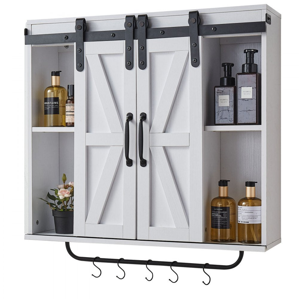 VEVOR Bathroom Wall Cabinet, 2 Doors and Adjustable Shelf, Over the Toilet Storage Medicine Cabinet Wall Mounted, Hanging Organizer with Open Partition/Towel Bar/Hooks for Laundry Room Kitchen, White