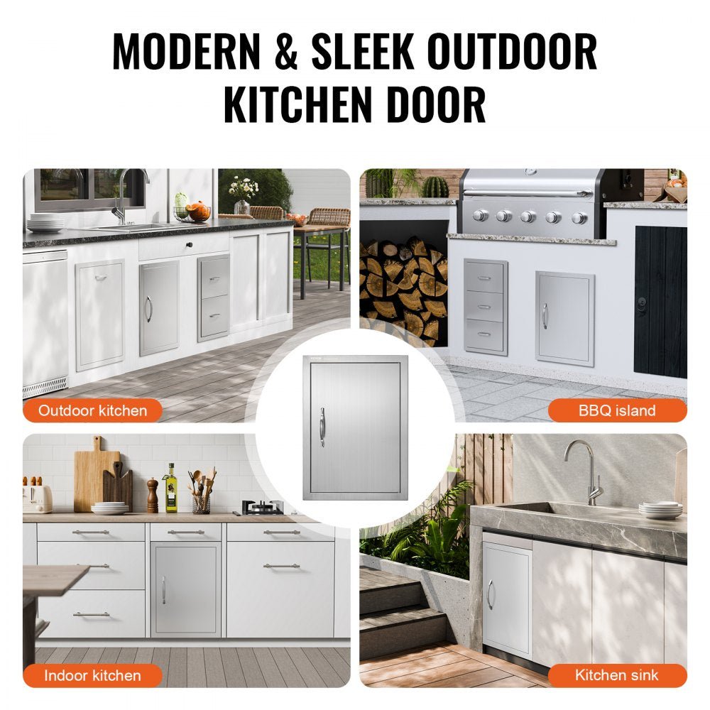 VEVOR BBQ Access Door, 16W x 22H Inch Single Outdoor Kitchen Door, Stainless Steel Flush Mount Door, Wall Vertical Door with Handle, for BBQ Island, Grilling Station, Outside Cabinet