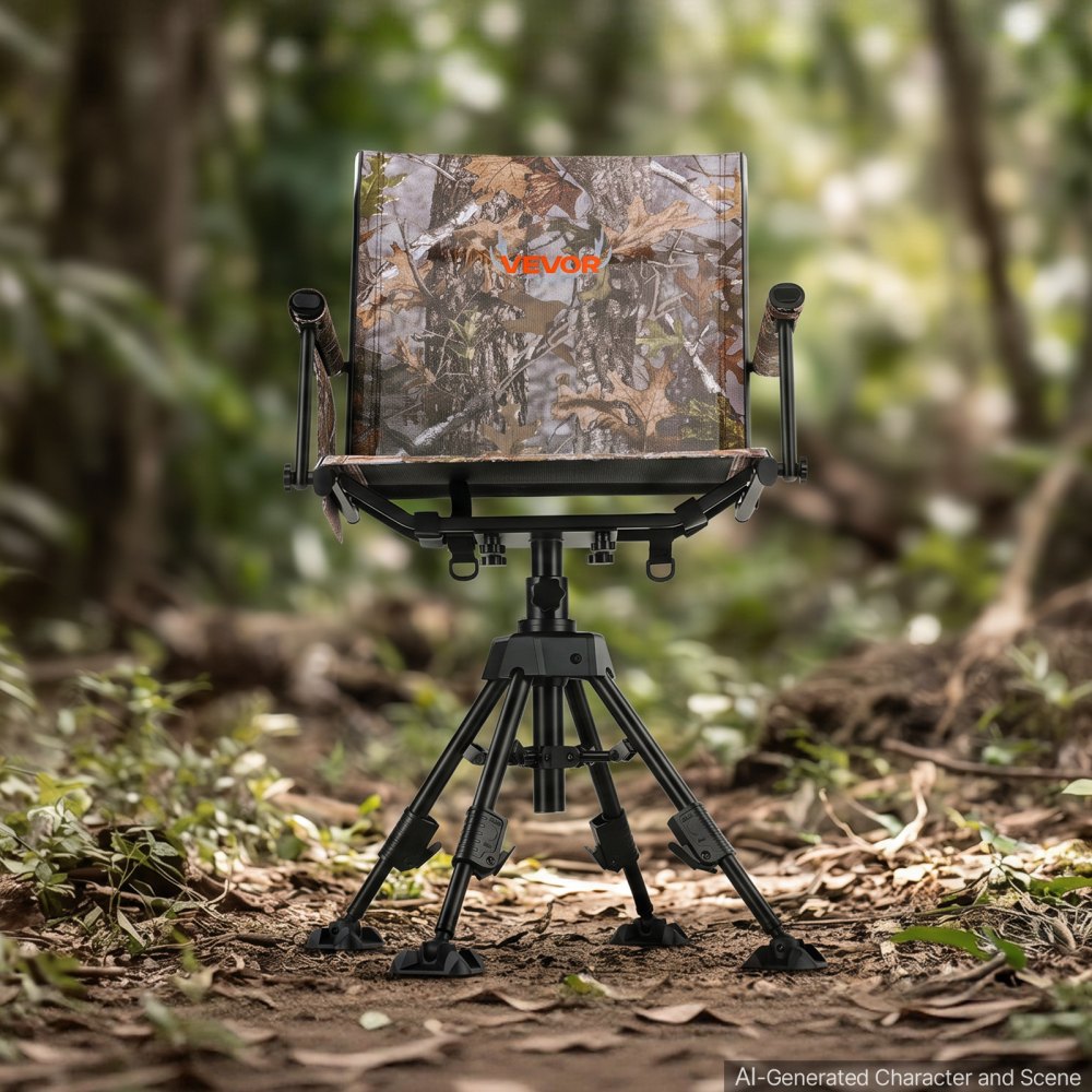 VEVOR 360° Silent Swivel Hunting Chair, 350 lb Blind Chair, Adjustable Legs, Foldable Portable Ground Stool Seat, Breathable Teslin Mesh, Wide Duck Feet, Armrests with Storage Bag & Shoulder Strap