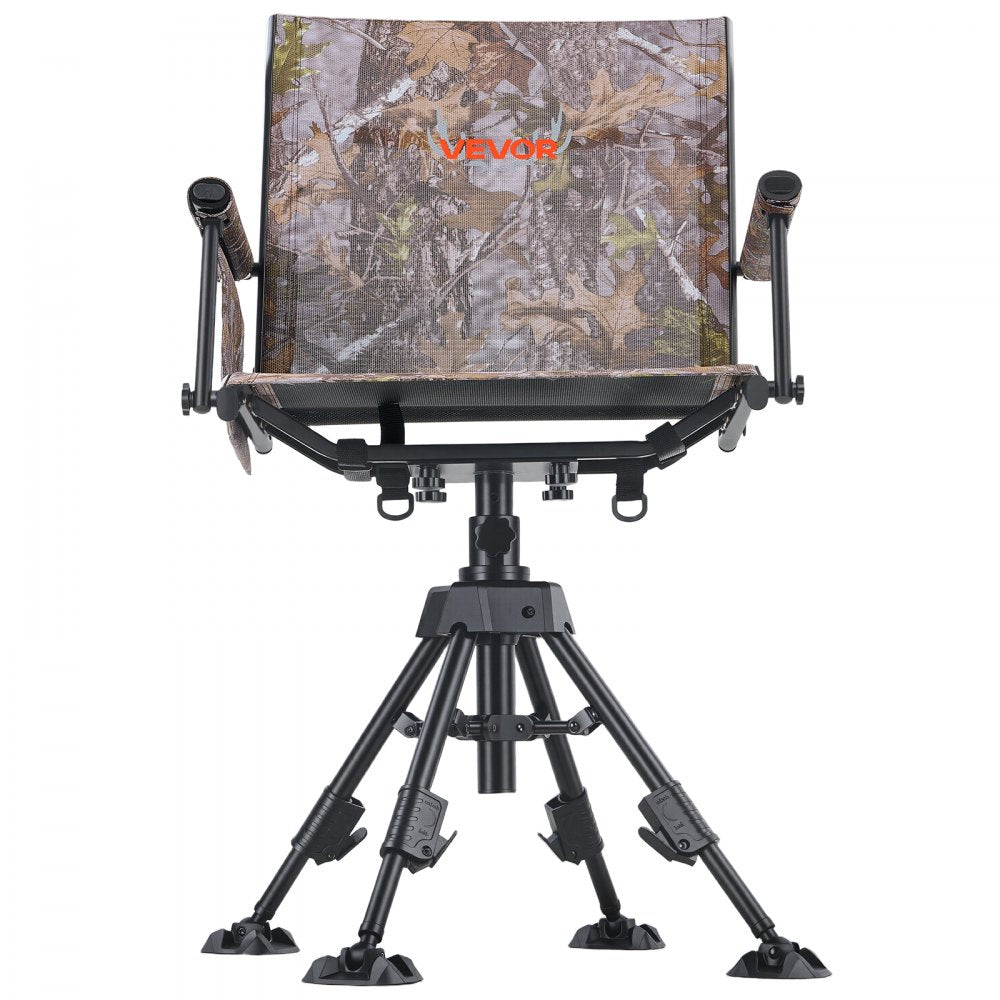 VEVOR 360° Silent Swivel Hunting Chair, 350 lb Blind Chair, Adjustable Legs, Foldable Portable Ground Stool Seat, Breathable Teslin Mesh, Wide Duck Feet, Armrests with Storage Bag & Shoulder Strap