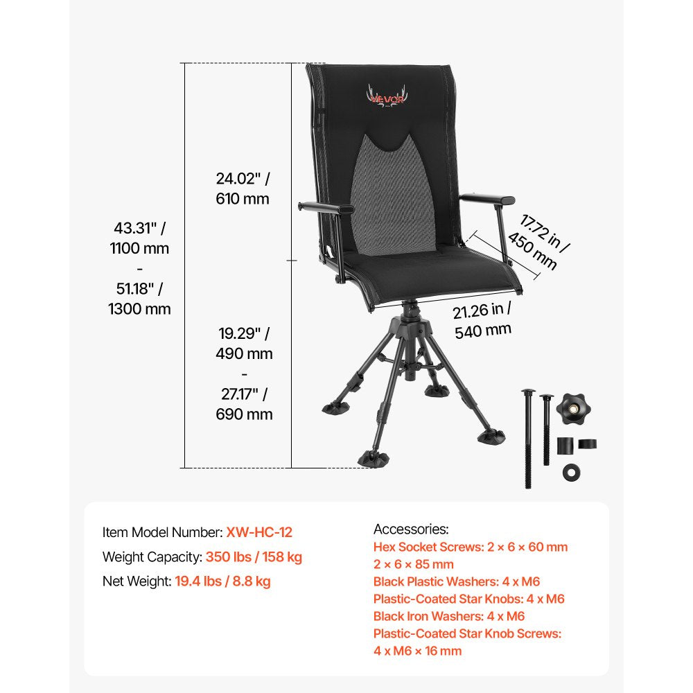 VEVOR 360° Silent Swivel Hunting Chair, 350 lb Blind Chair, Adjustable Legs, Foldable Portable Ground Stool Seat, Extra-Wide Seat, High Backrest, Camo Teslin, Wide Feet & Shoulder Strap