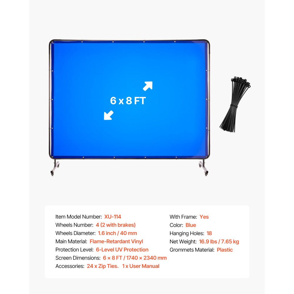 VEVOR Welding Screen with Frame, 6 x 8 FT Welding Curtain Screen, Flame-Resistant Vinyl Safety Protection Screens with Lockable Swivel Wheels & 6-Level UV Protection for Workshop/Industrial Use, Blue