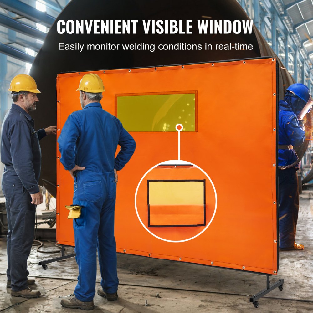 VEVOR Welding Screen with Frame, 6' x 8' Welding Curtain Screens, Flame-Resistant Vinyl Welding Protection Screen with 4 Swivel Wheels (2 Lockable) & Transparent Window for Workshop/Industrial, Yellow