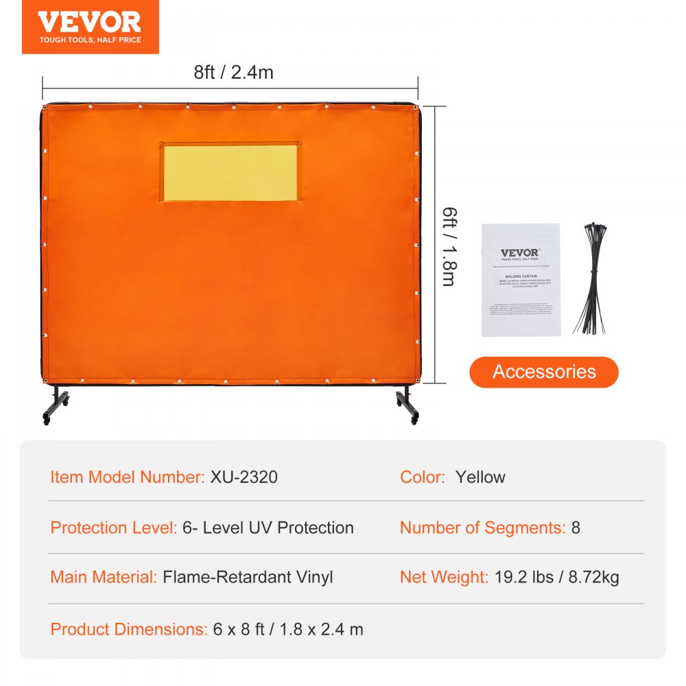 VEVOR Welding Screen with Frame, 6' x 8' Welding Curtain Screens, Flame-Resistant Vinyl Welding Protection Screen with 4 Swivel Wheels (2 Lockable) & Transparent Window for Workshop/Industrial, Yellow