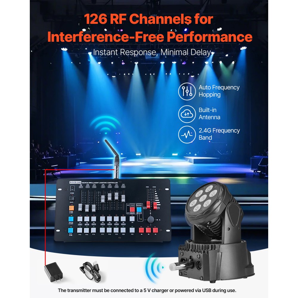 VEVOR DMX Wireless Receiver, 7 Receivers & 1 Transmitter, 2.4G ISM Band, 656 ft Transmission Range, with Bag and Adapter, Wireless Stage Lighting Control, for LED Stage Party DJ Bar Lighting, Silver