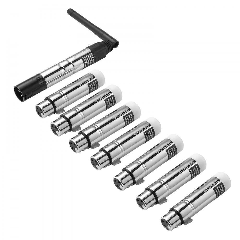 VEVOR DMX Wireless Receiver, 7 Receivers & 1 Transmitter, 2.4G ISM Band, 656 ft Transmission Range, with Bag and Adapter, Wireless Stage Lighting Control, for LED Stage Party DJ Bar Lighting, Silver