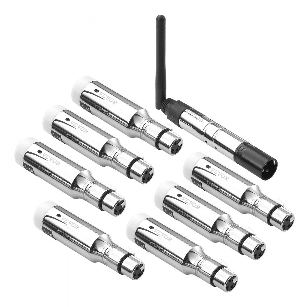 VEVOR DMX Wireless Receiver, 7 Receivers & 1 Transmitter, 2.4G ISM Band, 656 ft Transmission Range, Rechargeable Battery, Wireless Stage Lighting Control, for LED Stage Party DJ Bar Lighting, Silver
