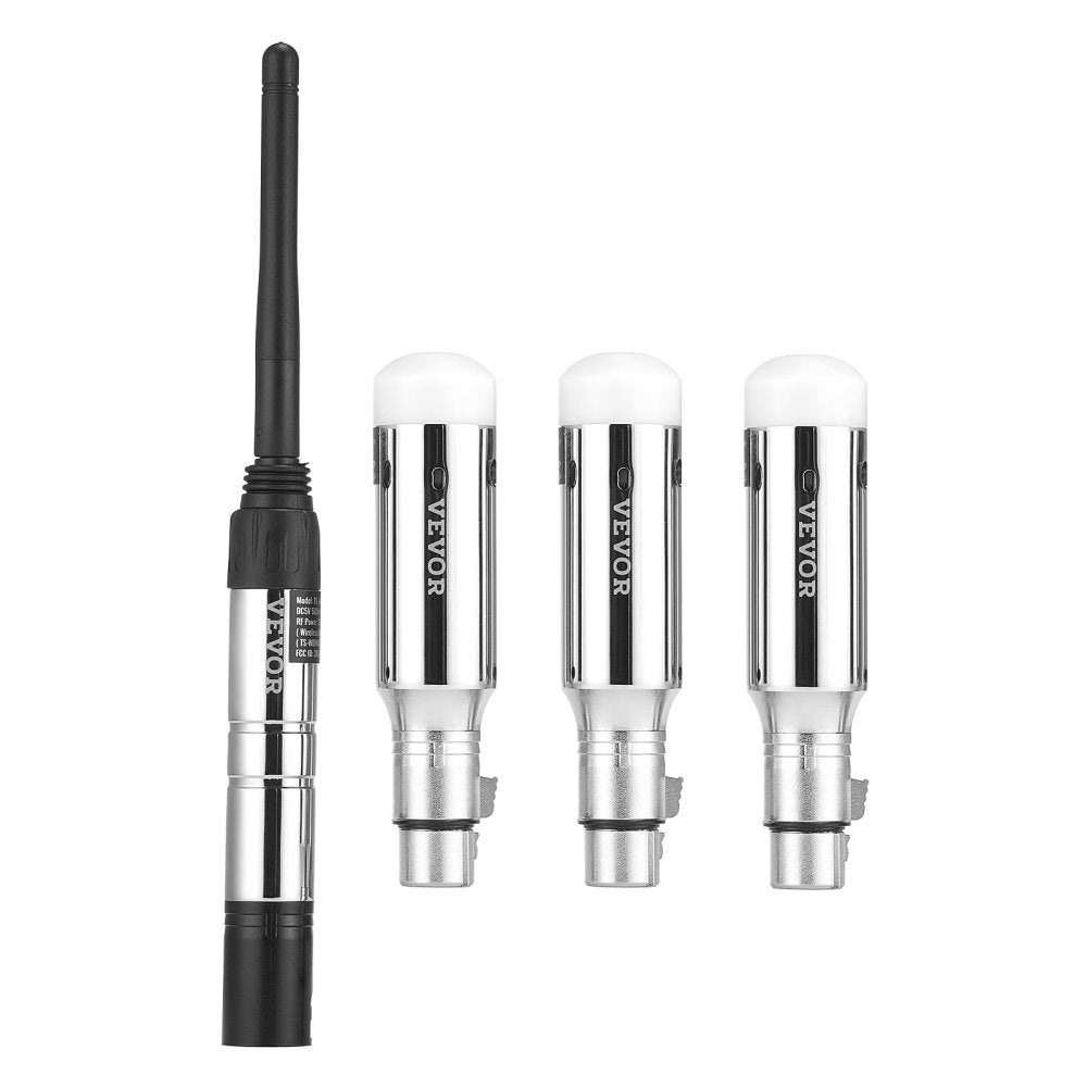 VEVOR DMX Wireless Receiver, 3 Receivers & 1 Transmitter, 2.4G ISM Band, 656 ft Transmission Range, Rechargeable Battery, Wireless Stage Lighting Control, for LED Stage Party DJ Bar Lighting, Silver