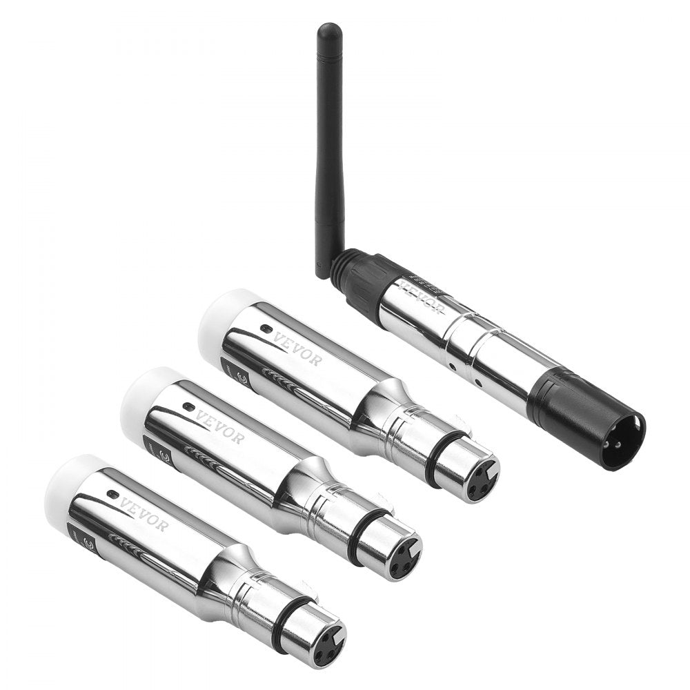 VEVOR DMX Wireless Receiver, 3 Receivers & 1 Transmitter, 2.4G ISM Band, 656 ft Transmission Range, Rechargeable Battery, Wireless Stage Lighting Control, for LED Stage Party DJ Bar Lighting, Silver