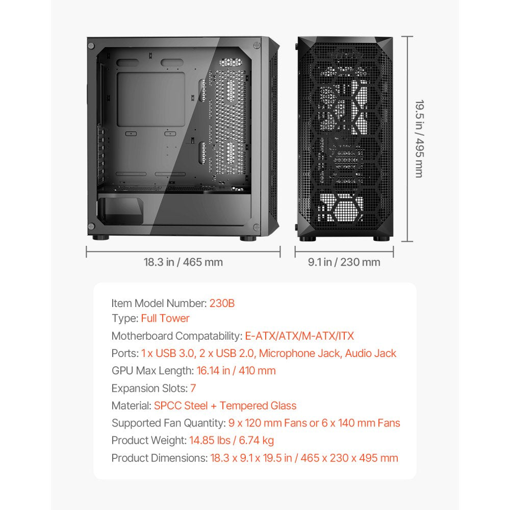 VEVOR PC Gaming Case, Full-Tower, Computer Case with High-Airflow Panel, Magnetic Dust Filter, 3 x 140mm PWM Fans, Cable Management, for GPU up to 410mm in Length, Compatible with E-ATX/ATX/M-ATX/ITX