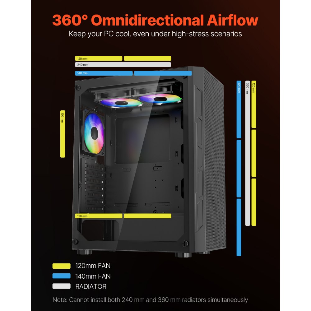 VEVOR PC Gaming Case, Mid-Tower, Computer Case with High-Airflow Tempered Glass Panel, Dust Filter, 3 x 120 mm ARGB Fans, Easy Cable Management, for GPU up to 320 mm in Length, for ATX / M-ATX / ITX