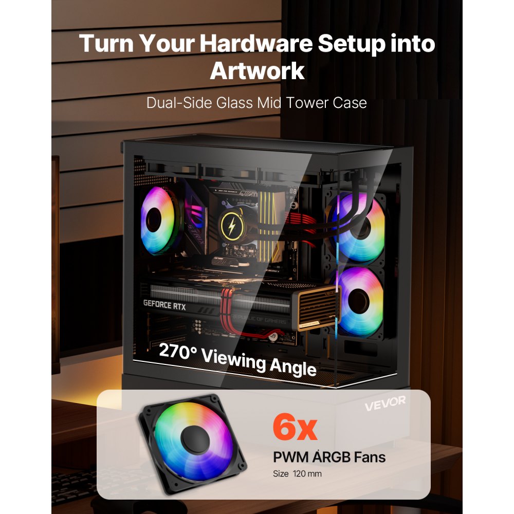 VEVOR PC Gaming Case, Mid-Tower, Computer Case with High-Airflow Tempered Glass Panel, Dust Filter, 6 x 120 mm PWM ARGB Fans, Easy Cable Management, for GPU up to 410 mm in Length, for ATX/M-ATX/ITX