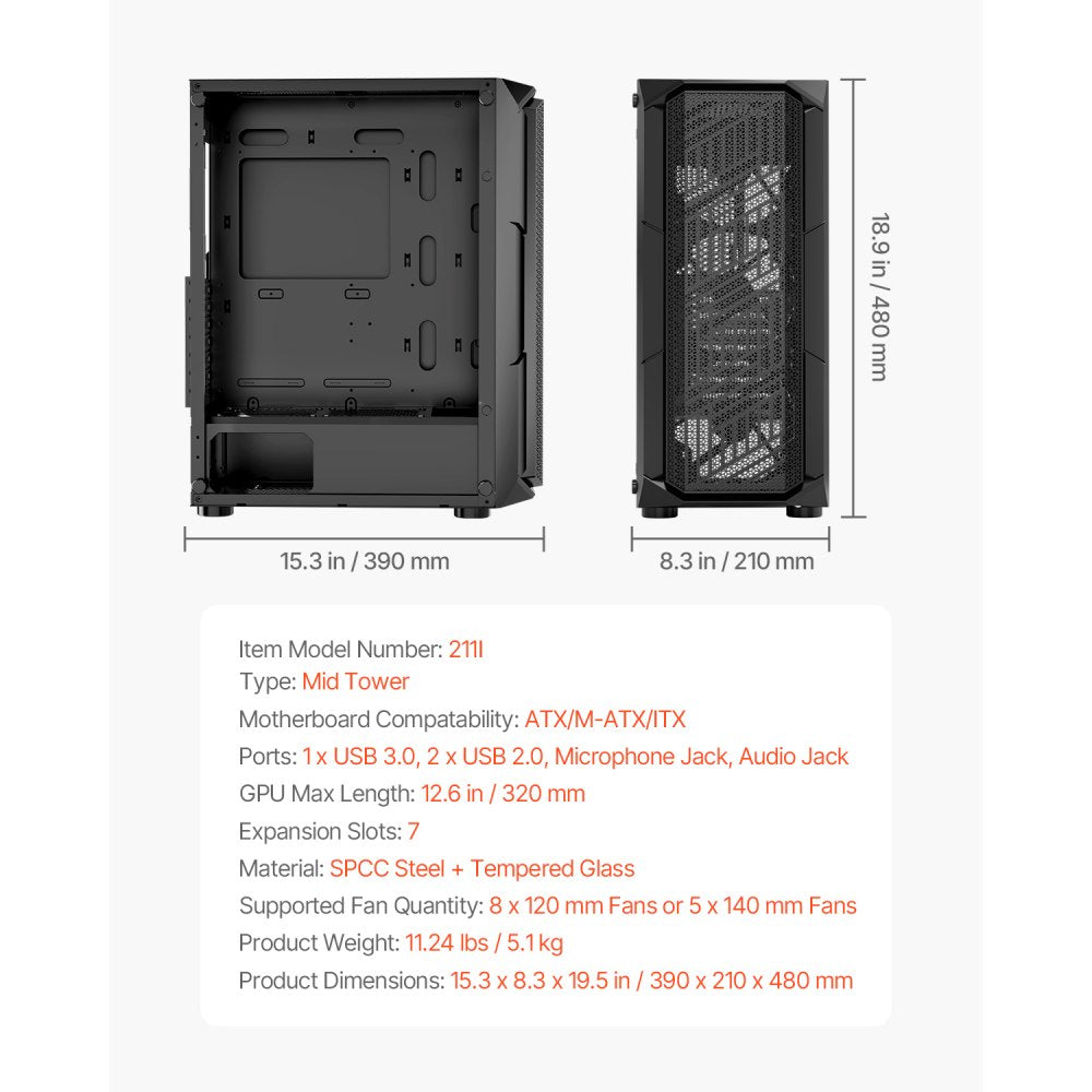 VEVOR PC Gaming Case, Mid-Tower, Computer Case with High-Airflow Tempered Glass Panel, Dust Filter, 4 x 120 mm ARGB Fans, Easy Cable Management, for GPU up to 320 mm in Length, for ATX / M-ATX / ITX
