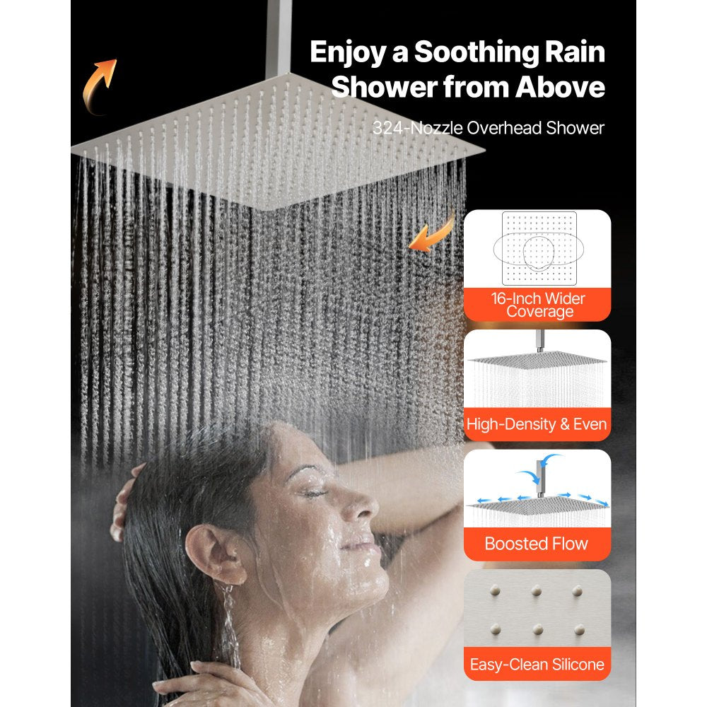 16-inch overhead rain shower wider coverage high-density flow graphic