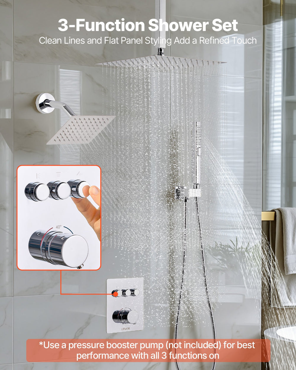 VEVOR Shower Faucet Set, 12 Inch Thermostatic Ceiling Mount Rainfall Shower System with 6 Inch Wall Mount Head and 2 in 1 Handheld Spray, 3-Function Dual Rain Head Brass Valve and Trim Kit, Chrome