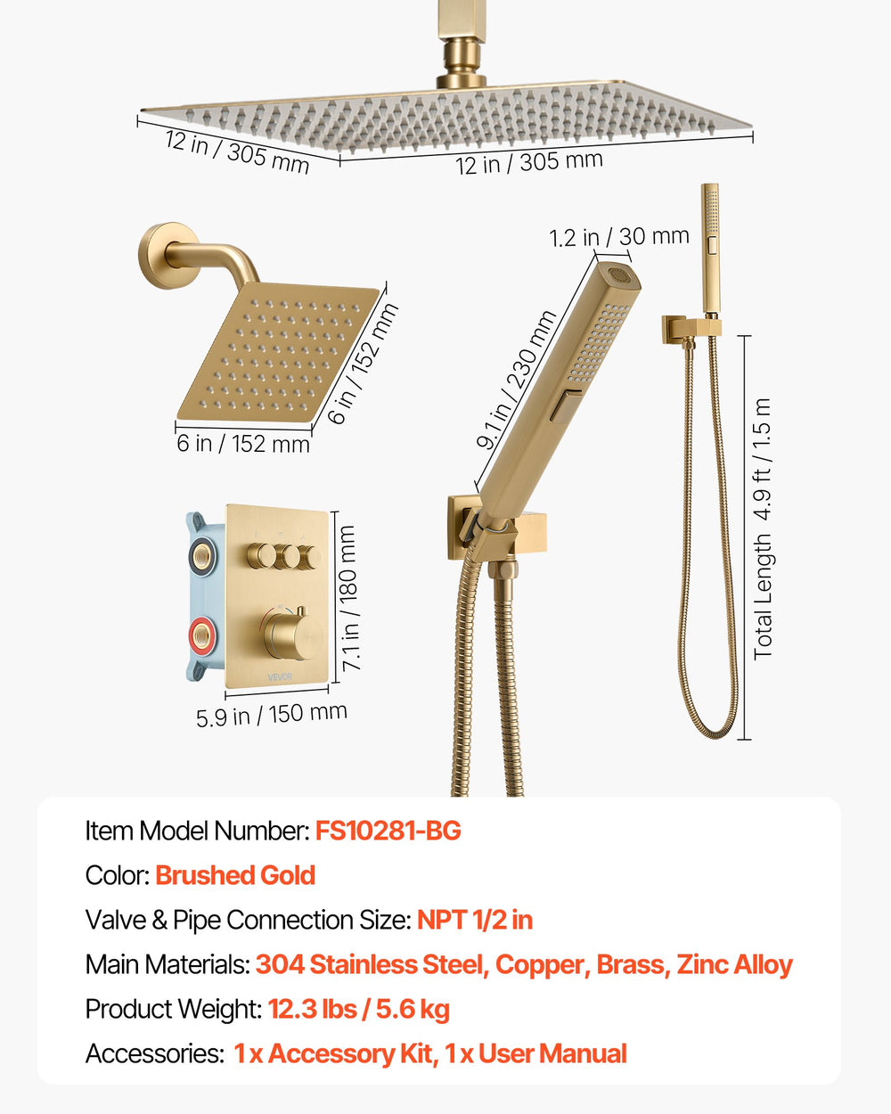 VEVOR Shower Faucet Set - Brushed Gold - Image 7