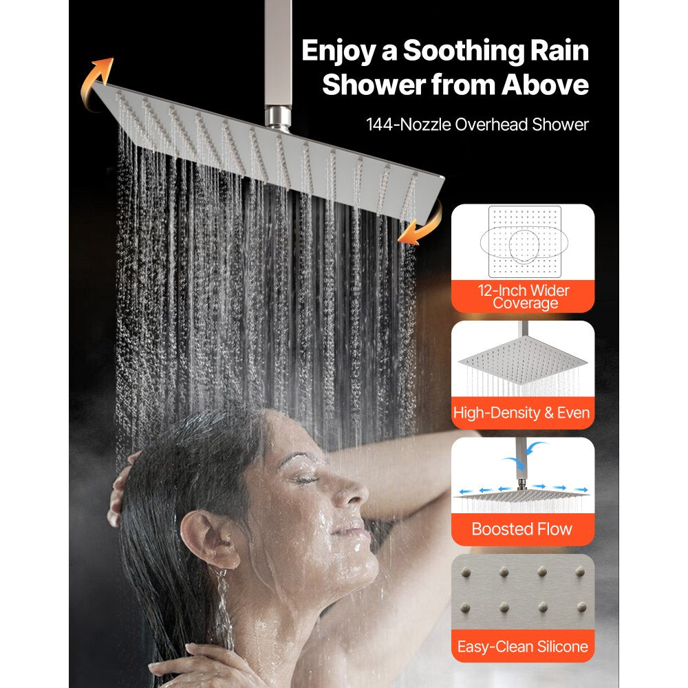 VEVOR Shower Faucet Set, 12 Inch Ceiling Mount Rainfall Shower System with 6 Inch Wall Mount Head and 4 in 1 Handheld Spray, Rotatable 3-Function Dual Rain Head Brass Valve & Trim Kit, Brushed Nickel