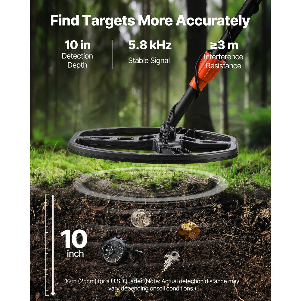 VEVOR Metal Detector for Adults, 10", Professional High Accuracy Gold Detector, IP68 Waterproof Search Coil with Display, Headphones, 5 Modes, Adjustable Length, for Detecting Gold Treasure Hunting